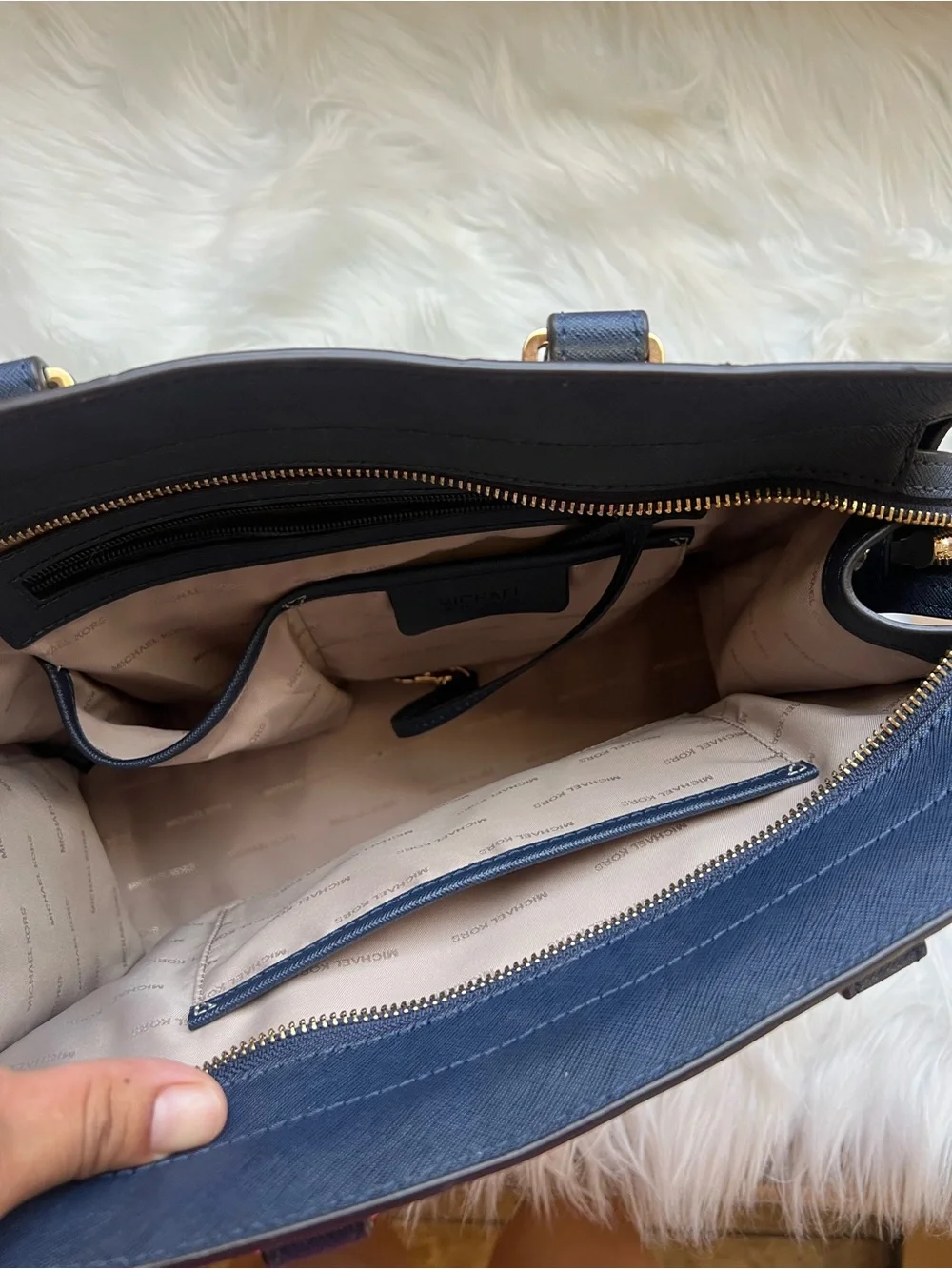 Michael Kors Navy Saffiano Satchel with Gold Hardware